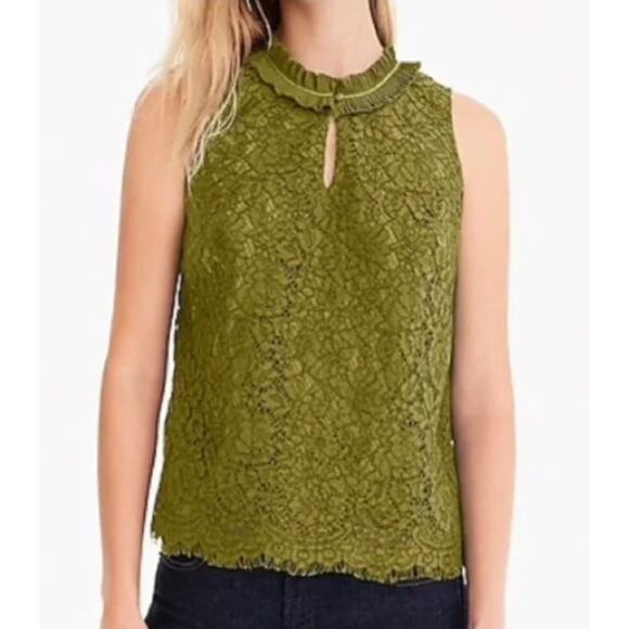 J.Crew Top Womens Petite X Small Green Lace Ruffle Neck Blouse - Picture 1 of 8